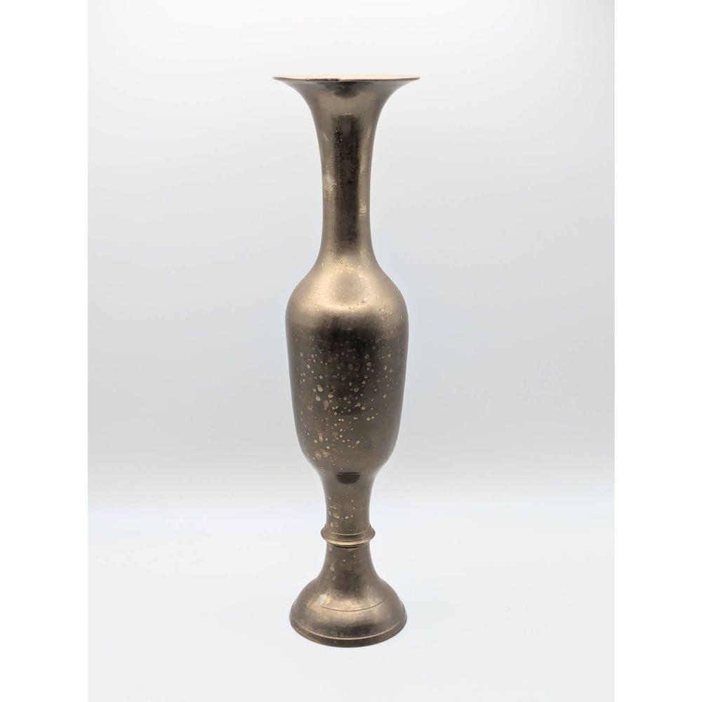 Tall Vintage India Brass Vase Candleholder Aged Speckled Patina Unique Shape